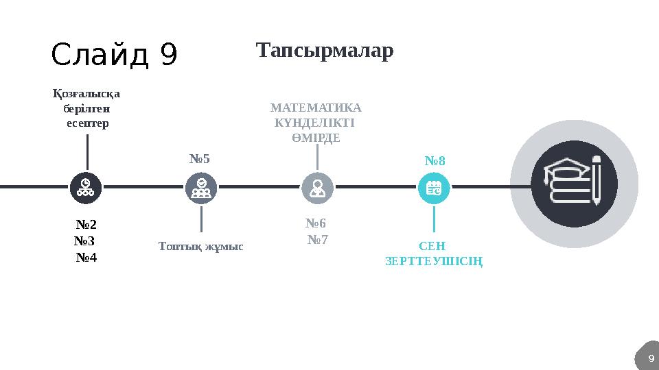 СЕН ЗЕРТТЕУШІСІҢ №8 Қозғалысқа берілген есептер Топтық жұмыс №5 №6 №7 МАТЕМАТИКА КҮНДЕЛІКТІ ӨМІРДЕ 9 Тапсырмалар Слайд 9 №