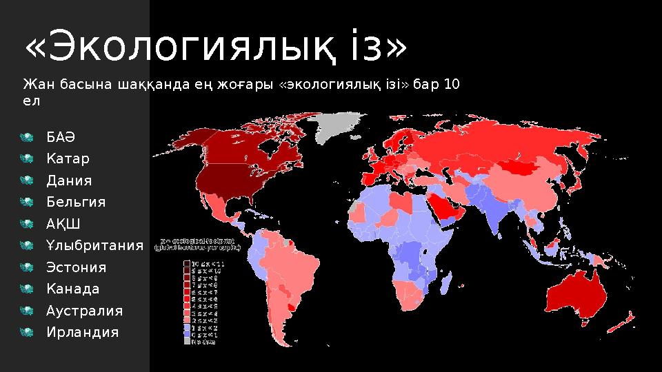 «Экологиялық із» БАӘ Жан басына шаққанда ең жоғары «экологиялық ізі» бар 10 ел Дания Бельгия АҚШ Ұлыбритания Эстония Канада Аус