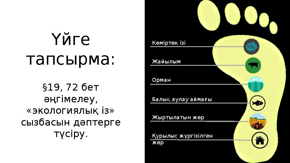 Үйге тапсырма: §19, 72 бет әңгімелеу, «экологиялық із» сызбасын дәптерге түсіру. Көміртек ізі Жайылым Орман Балық аулау а