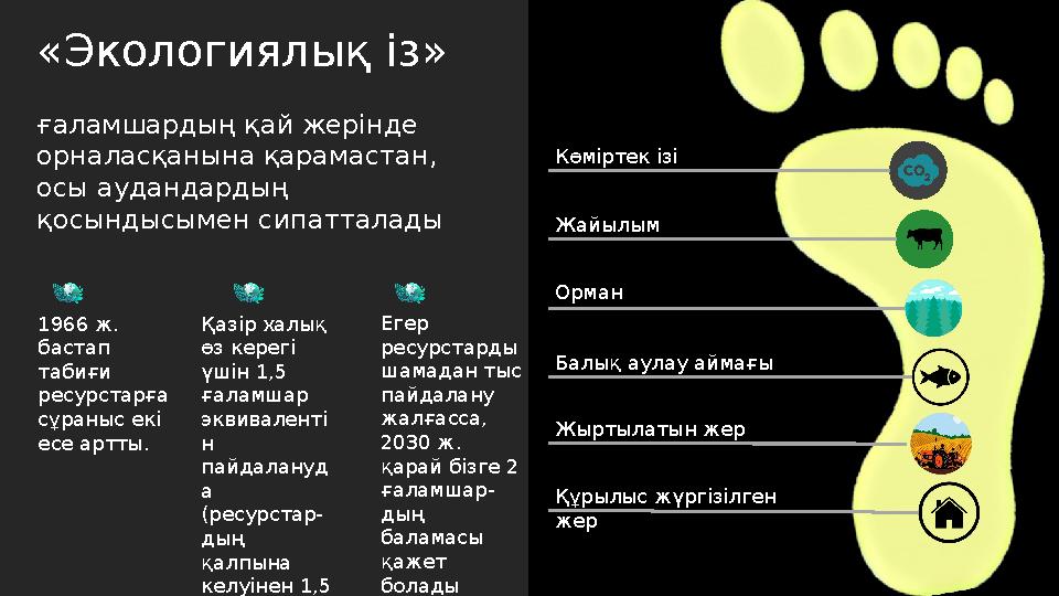 «Экологиялық із» ғаламшардың қай жерінде орналасқанына қарамастан, осы аудандардың қосындысымен сипатталады Көміртек ізі Жайы