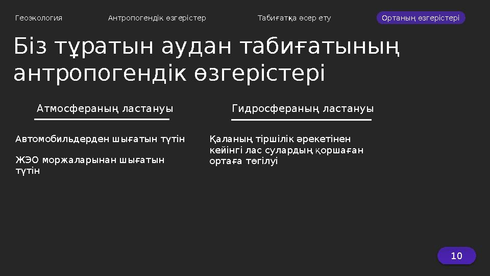 Біз тұратын аудан табиғатының антропогендік өзгерістері Геоэкология Антропогендік өзгерістер Табиғатқа әсер ету Ортаның өзг