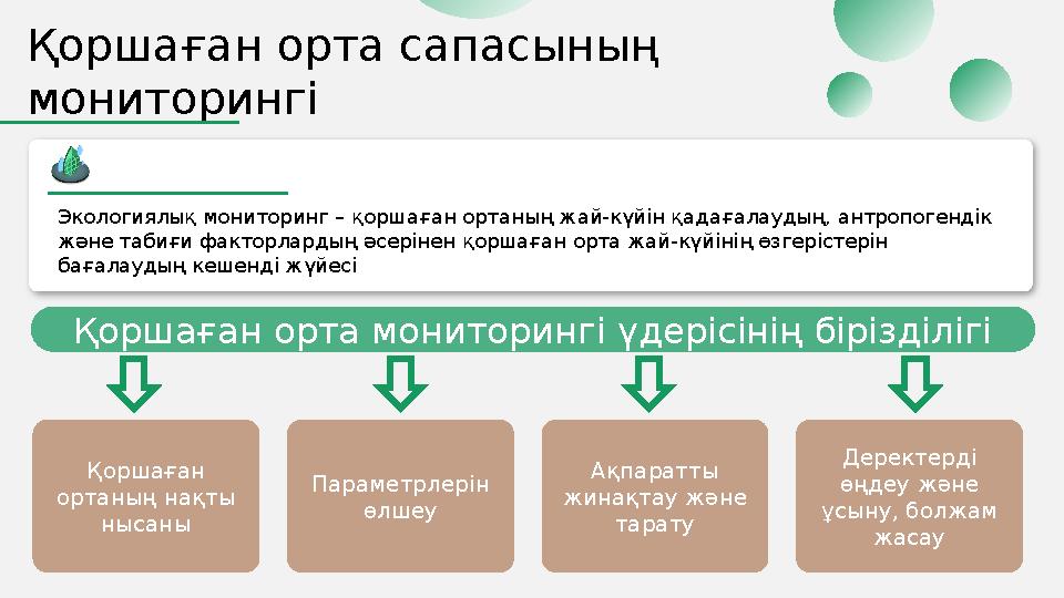 Экологиялық мониторинг – қоршаған ортаның жай-күйін қадағалаудың, антропогендік және табиғи факторлардың әсерінен қоршаған орт