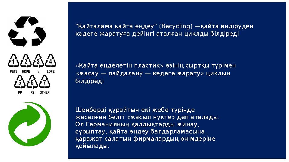 "Қайталама қайта өңдеу" (Recycling) —қайта өндіруден кәдеге жаратуға дейінгі аталған циклды білдіреді «Қайта өңделетін пластик»