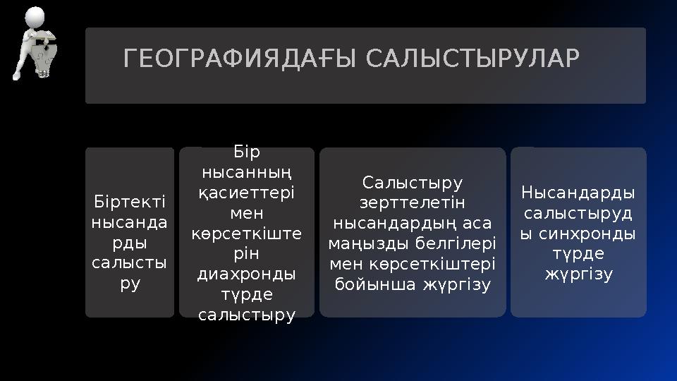 ГЕОГРАФИЯДАҒЫ САЛЫСТЫРУЛАР Біртекті нысанда рды салысты ру Бір нысанның қасиеттері мен көрсеткіште рін диахронды түрд