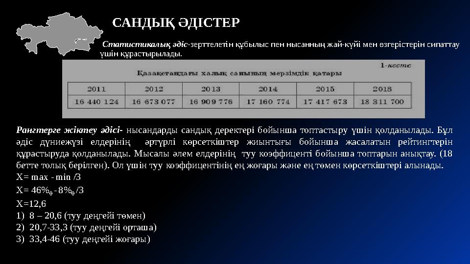 САНДЫҚ ӘДІСТЕР Статистикалық әдіс-зерттелетін құбылыс пен нысанның жай-күйі мен өзгерістерін сипаттау үшін құрастырылады. Ра