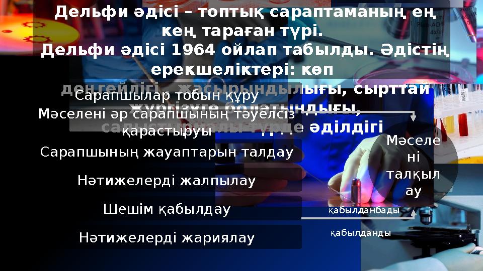 Дельфи әдісі – топтық сараптаманың ең кең тараған түрі. Дельфи әдісі 1964 ойлап табылды. Әдістің ерекшеліктері: көп деңгейл