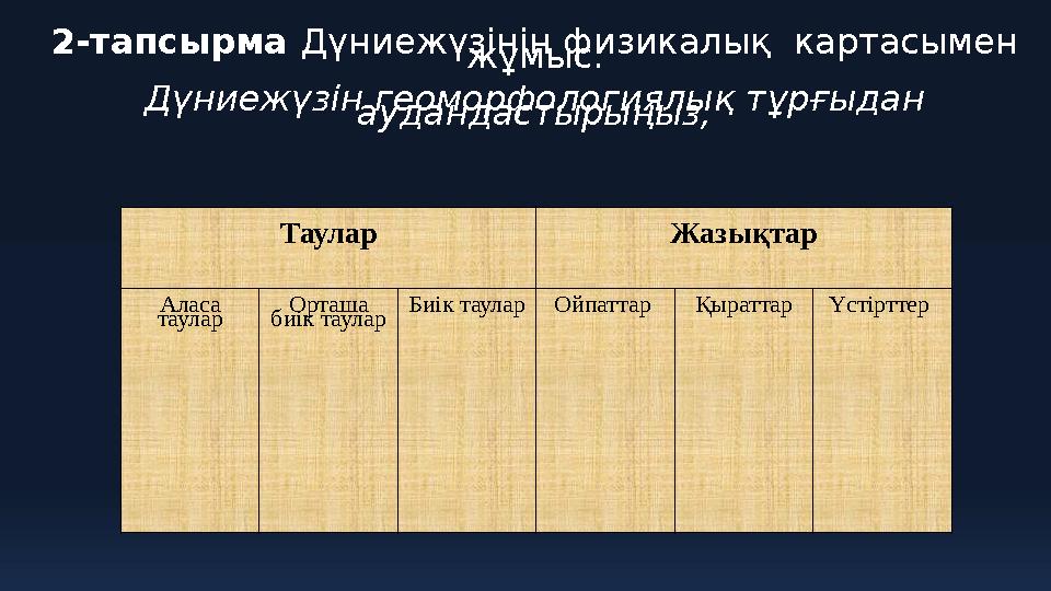 2-тапсырма Дүниежүзінің физикалық картасымен жұмыс. Дүниежүзін геоморфологиялық тұрғыдан аудандастырыңыз; Таулар Жазықтар Ала