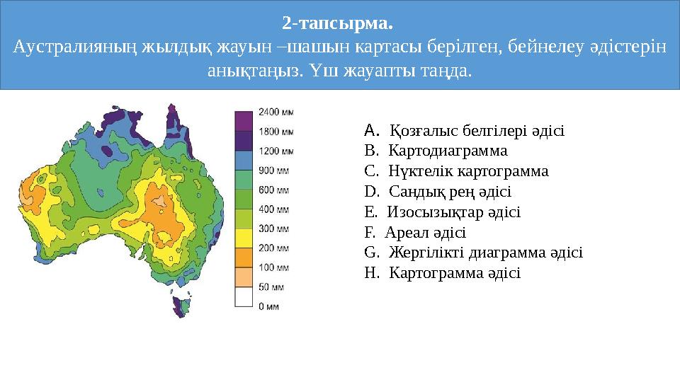 2-тапсырма. Аустралияның жылдық жауын –шашын картасы берілген, бейнелеу әдістерін анықтаңыз. Үш жауапты таңда. A. Қозғалыс