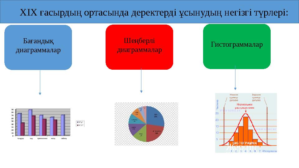 XIX ғасырдың ортасында деректерді ұсынудың негізгі түрлері: Гистограммалар Бағандық диаграммалар Шеңберлі диаграммалар Ж