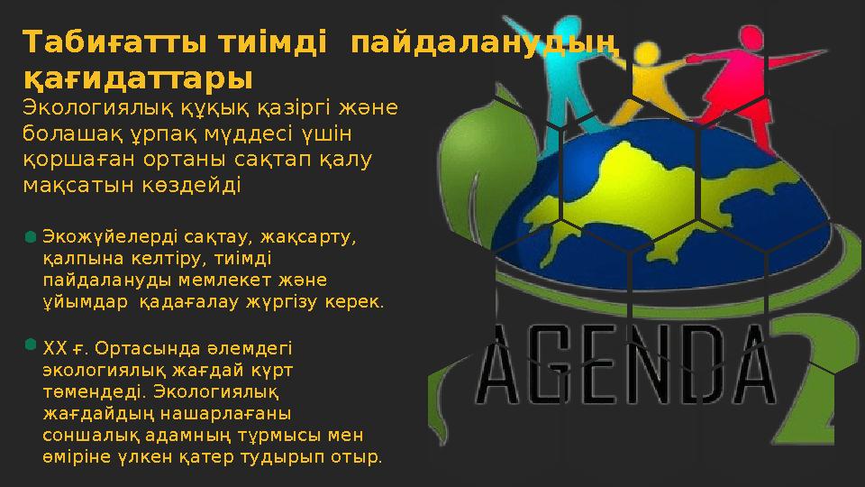 Табиғатты тиімді пайдаланудың қағидаттары Экожүйелерді сақтау, жақсарту, қалпына келтіру, тиімді пайдалануды мемлекет және