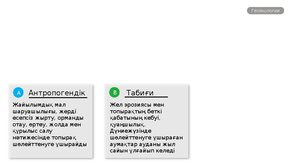 Геоэкология Жайылымдық мал шаруашылығы, жерді есепсіз жырту, орманды отау, өртеу, жолда мен құрылыс салу нәтижесінде топ