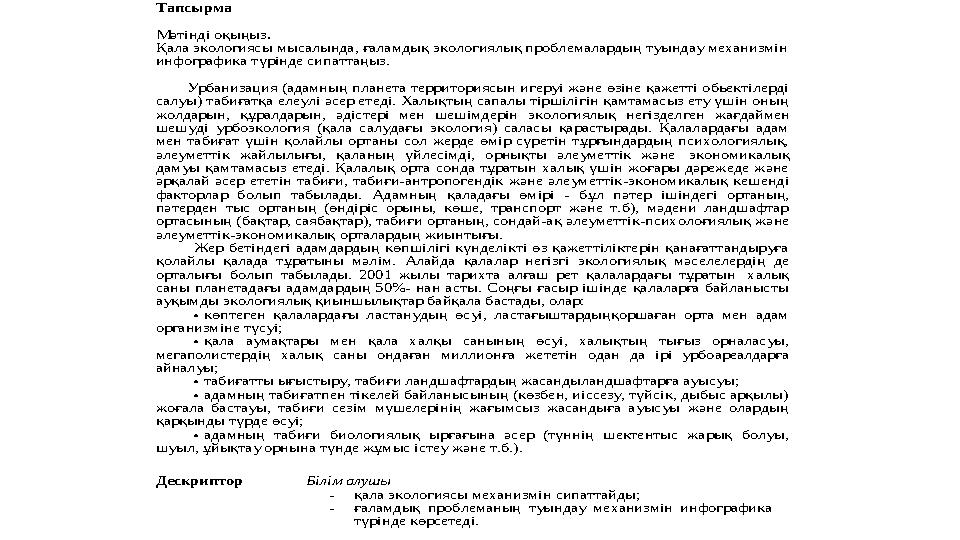 Тапсырма Мәтінді оқыңыз. Қала экологиясы мысалында, ғаламдық экологиялық проблемалардың туындау механизмін инфографика түрі