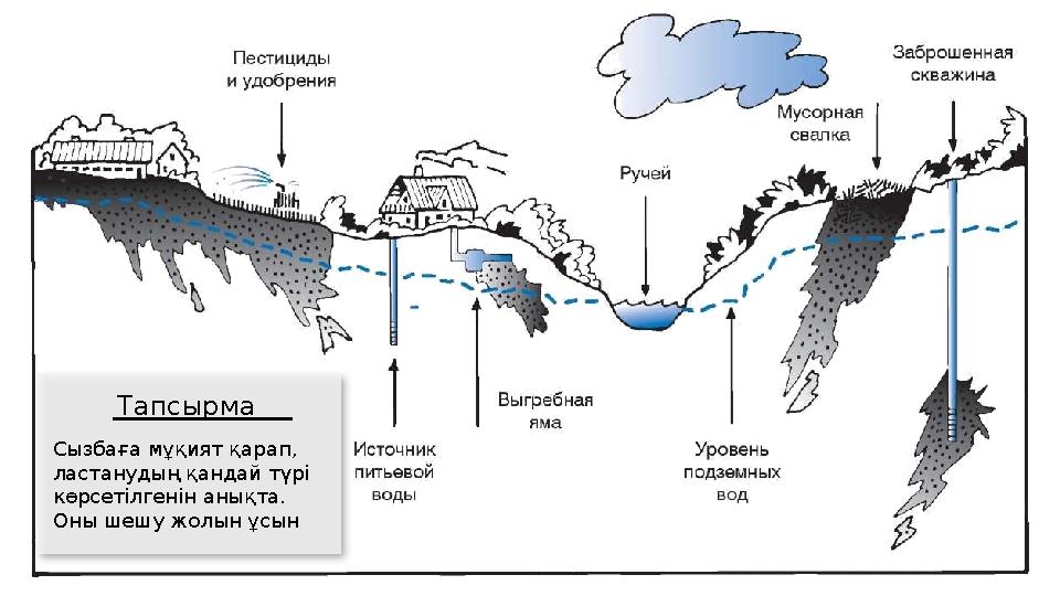 Сызбаға мұқият қарап, ластанудың қандай түрі көрсетілгенін анықта. Оны шешу жолын ұсын Тапсырма