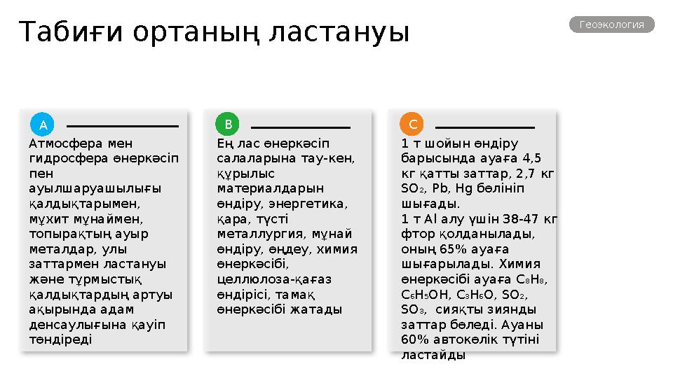 Геоэкология Атмосфера мен гидросфера өнеркәсіп пен ауылшаруашылығы қалдықтарымен, мұхит мұнаймен, топырақтың ауыр мета