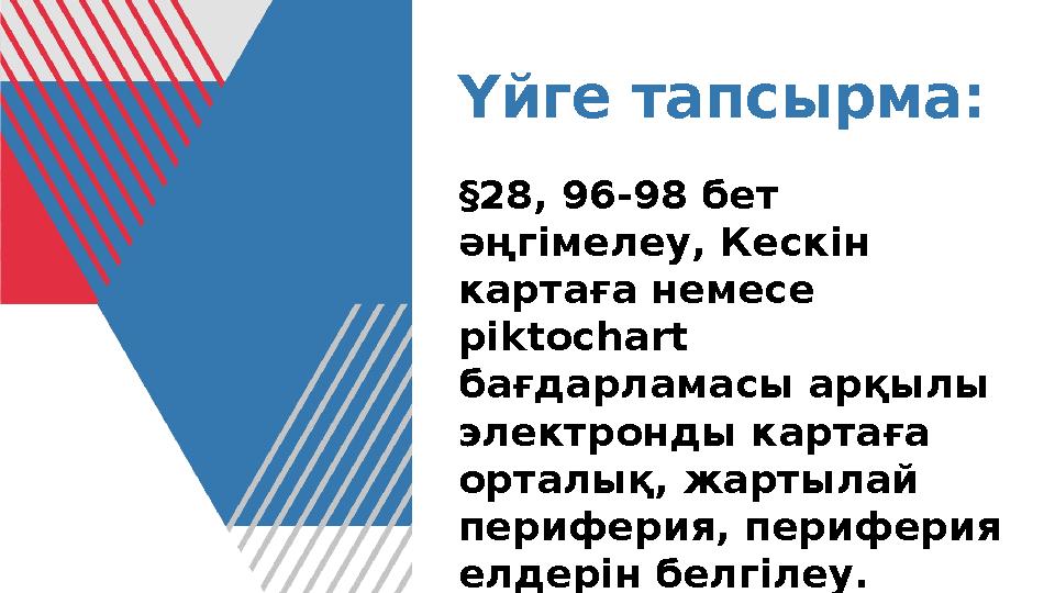 Үйге тапсырма: §28, 96-98 бет әңгімелеу, Кескін картаға немесе piktochart бағдарламасы арқылы электронды картаға орталық,