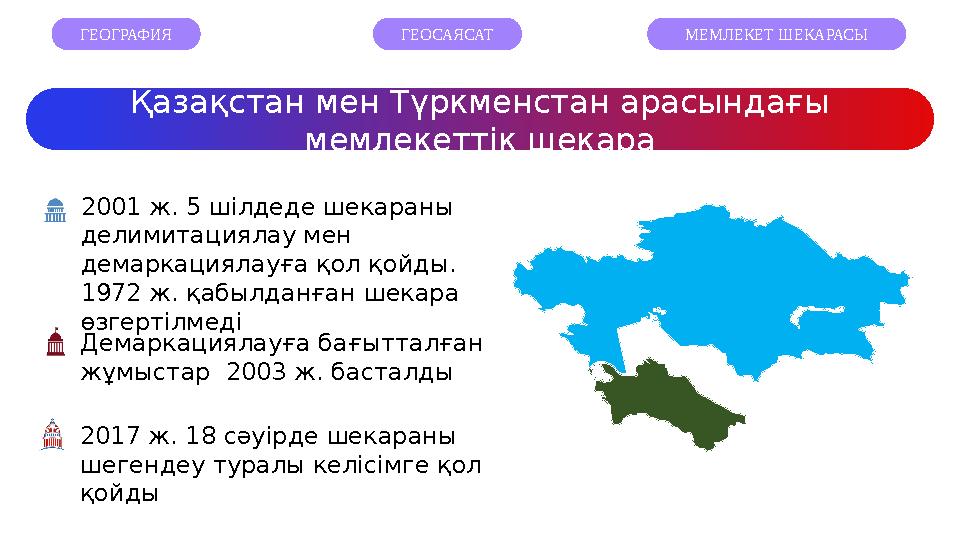 Қазақстан мен Түркменстан арасындағы мемлекеттік шекара ГЕОГРАФИЯ ГЕОСАЯСАТ МЕМЛЕКЕТ ШЕКАРАСЫ 2001 ж. 5 шілдеде шекараны де