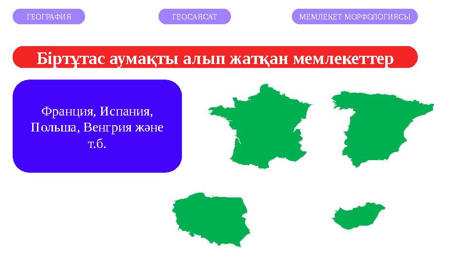 ГЕОГРАФИЯ ГЕОСАЯСАТ МЕМЛЕКЕТ МОРФОЛОГИЯСЫ Франция, Испания, Польша, Венгрия және т.б. Біртұтас аумақты алып жатқан мемлекет