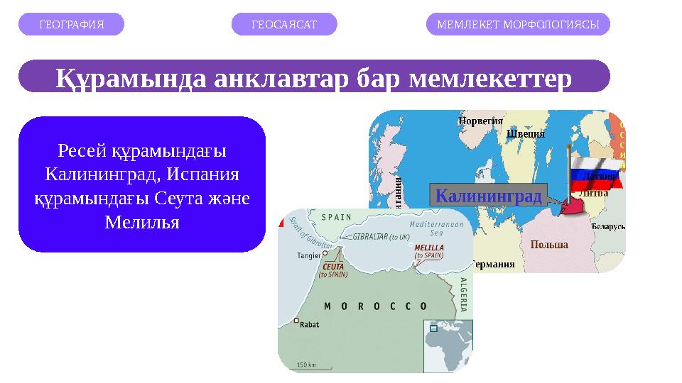 ГЕОГРАФИЯ ГЕОСАЯСАТ МЕМЛЕКЕТ МОРФОЛОГИЯСЫ Ресей құрамындағы Калининград, Испания құрамындағы Сеута және Мелилья Құрамында