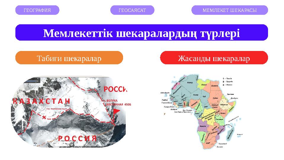 Мемлекеттік шекаралардың түрлері ГЕОГРАФИЯ ГЕОСАЯСАТ МЕМЛЕКЕТ ШЕКАРАСЫ Табиғи шекаралар Жасанды шекаралар