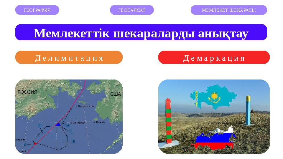 Мемлекеттік шекараларды анықтау ГЕОГРАФИЯ ГЕОСАЯСАТ МЕМЛЕКЕТ ШЕКАРАСЫ Д е л и м и т а ц и я Д е м а р к а ц и я