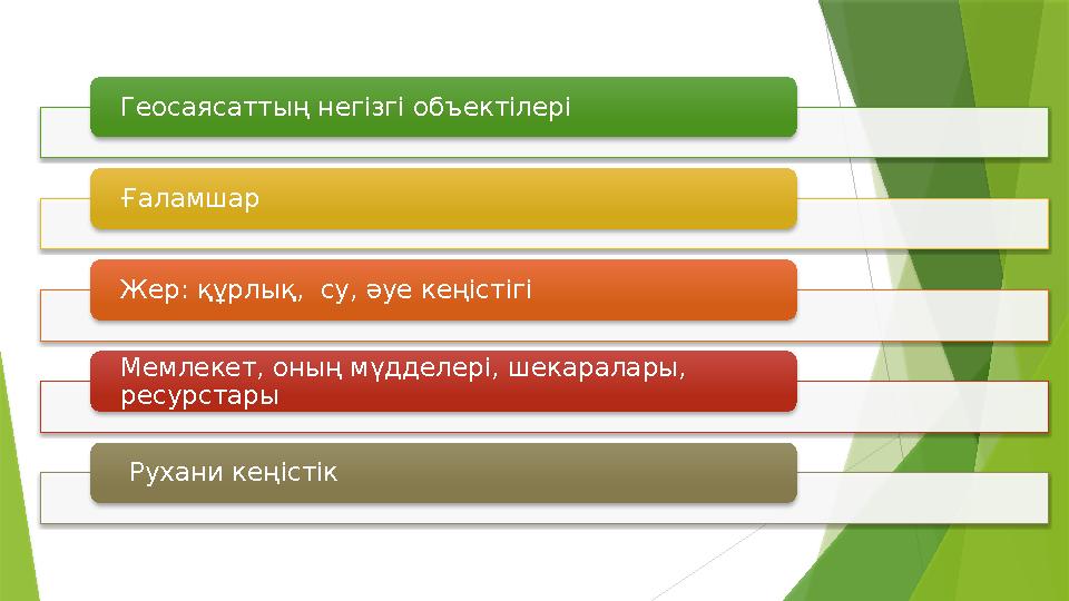 Геосаясаттың негізгі объектілері Ғаламшар Жер: құрлық, су, әуе кеңістігі Мемлекет, оның мүдделері,