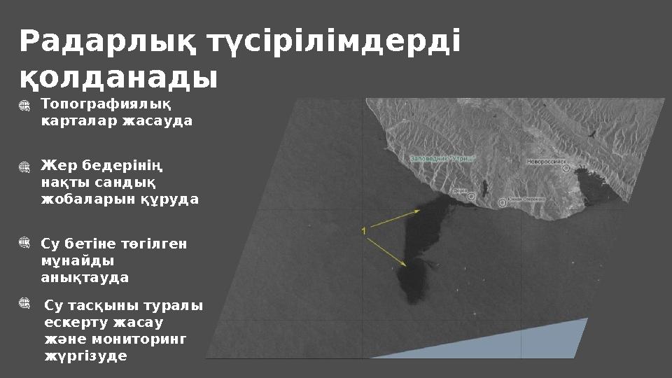 Радарлық түсірілімдерді қолданады Жер бедерінің нақты сандық жобаларын құруда Су бетіне төгілген мұнайды анықтауда Су тасқ