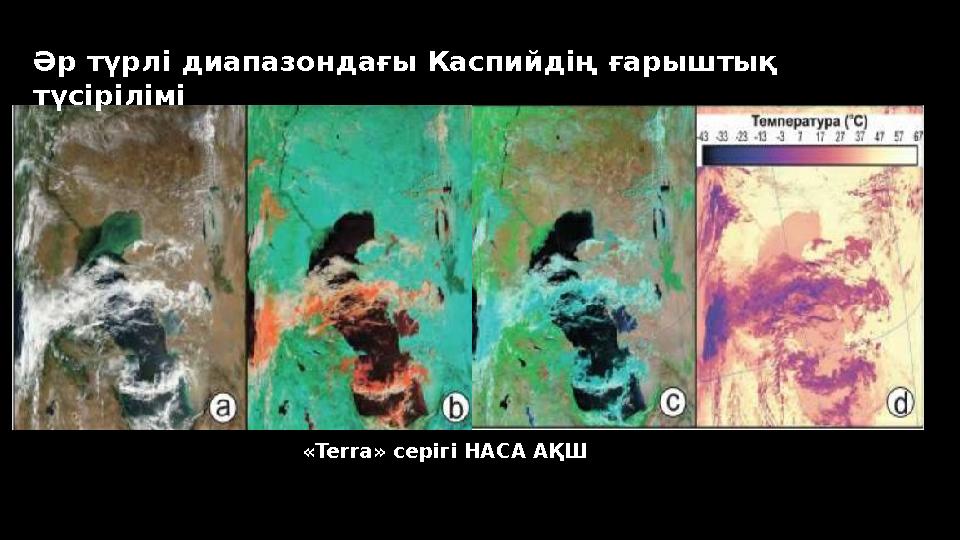 Әр түрлі диапазондағы Каспийдің ғарыштық түсірілімі «Terra» серігі НАСА АҚШ