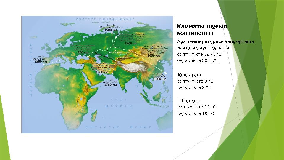 Климаты шұғыл континентті Ауа температурасының орташа жылдық ауытқулары: солтүстікте 38-40°C оңтүстікте 30-35°