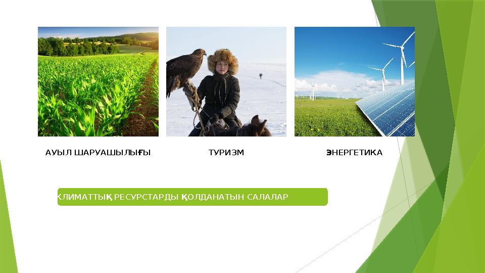 ТУРИЗМ ЭНЕРГЕТИКААУЫЛ ШАРУАШЫЛЫҒЫ КЛИМАТТЫҚ РЕСУРСТАРДЫ ҚОЛДАНАТЫН САЛАЛАР