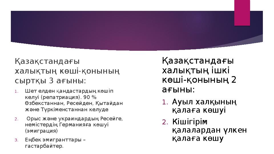 Қазақстандағы халықтың көші-қонының сыртқы 3 ағыны: 1.Шет елден қандастардың көшіп келуі (репатриация). 90 % Өзбекста