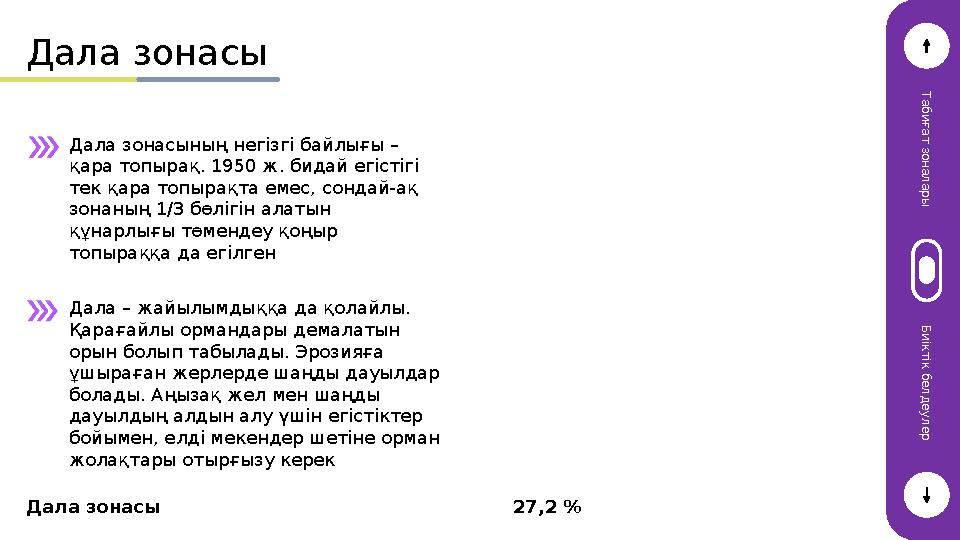 Дала зонасы Т а б и ғ а т з о н а л а р ы Б и і к т і к б е л д е у л е р Дала зонасы 27,2 % Дала зонасының негізгі байлығы