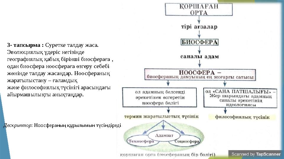 3- тапсырма : Суретке талдау жаса. Эволюциялық үдеріс негізінде географиялық қабық бірінші биосфераға , одан