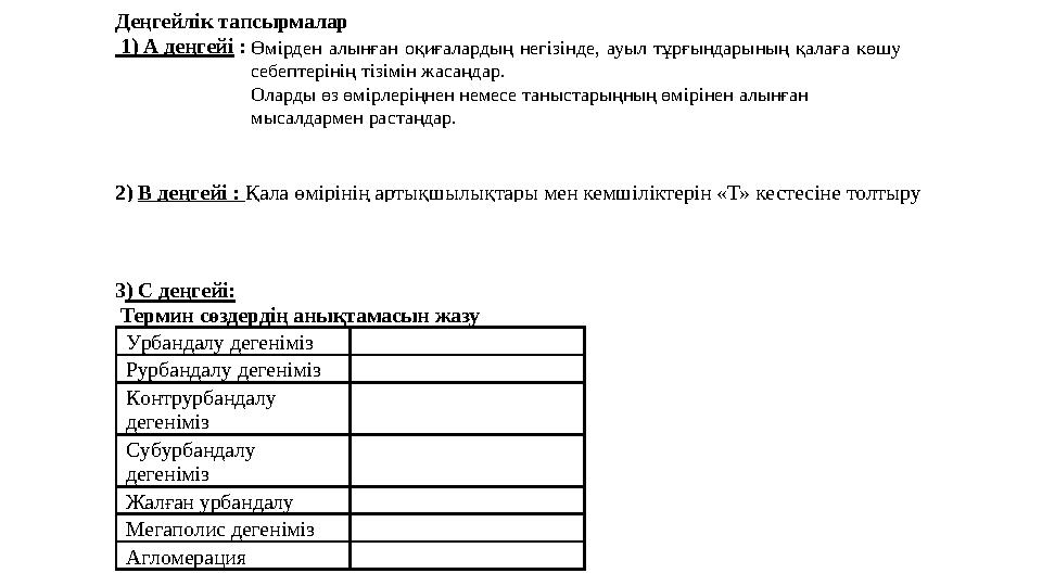 Деңгейлік тапсырмалар 1) А деңгейі : Қазақстандағы урбандалу үрдісінің статистикалық сандық көрсеткіштері мен толық урбандалғ