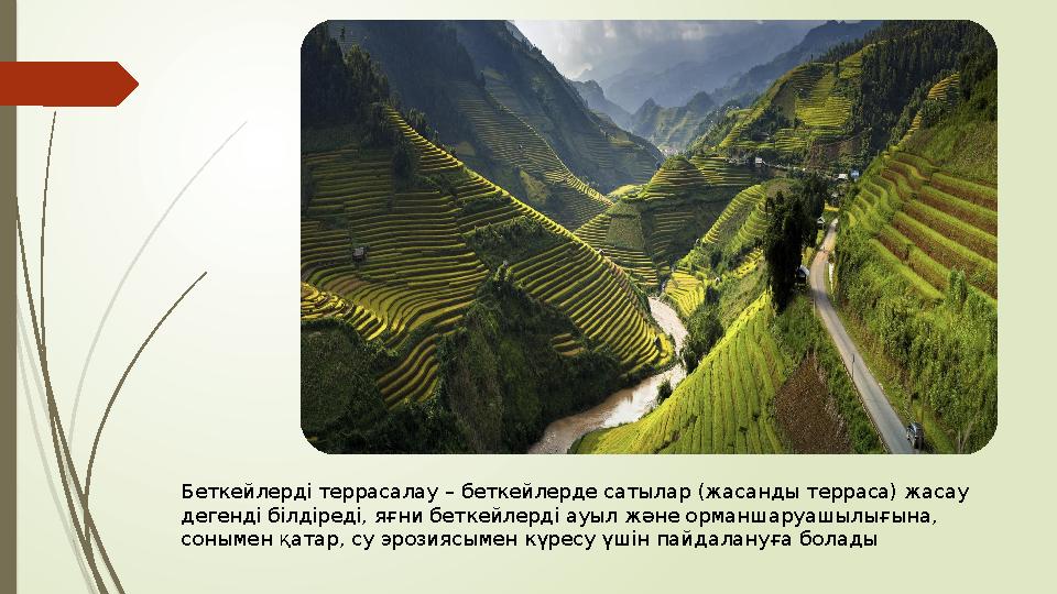 Беткейлерді террасалау – беткейлерде сатылар (жасанды терраса) жасау дегенді білдіреді, яғни беткейлерді ауыл және