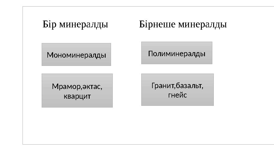Бір минералды Бірнеше минералды Мрамор,әктас, кварцит Мономинералды Полиминера