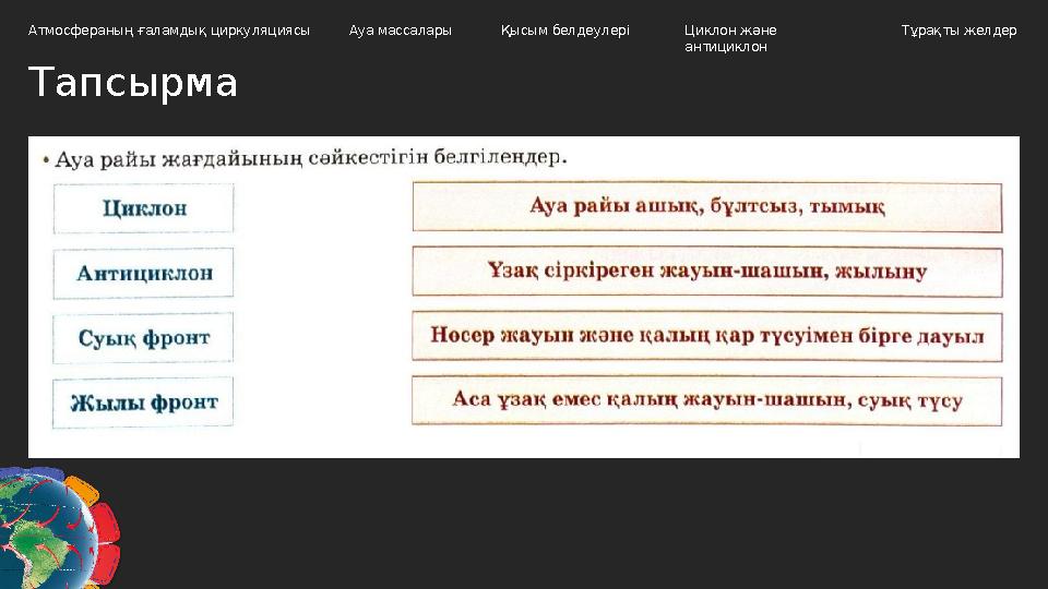 Тапсырма Атмосфераның ғаламдық циркуляциясы Ауа массалары Циклон және антициклон Тұрақты желдерҚысым белдеулері