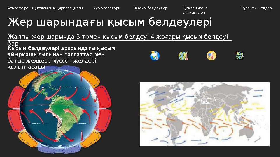 Жер шарындағы қысым белдеулері Атмосфераның ғаламдық циркуляциясы Ауа массалары Циклон және антициклон Тұрақты желдерҚысым белд