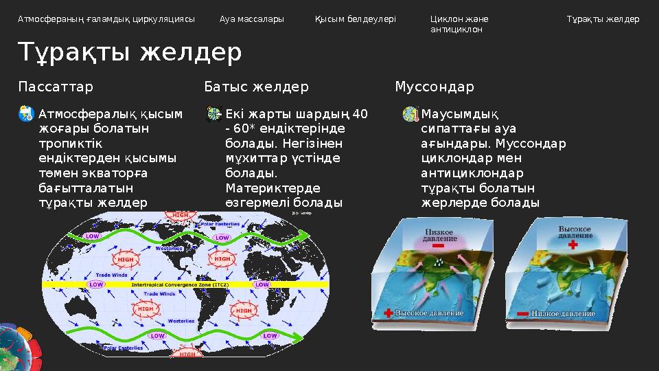 Тұрақты желдер Атмосфераның ғаламдық циркуляциясы Ауа массалары Циклон және антициклон Тұрақты желдерҚысым белдеулері Пассаттар