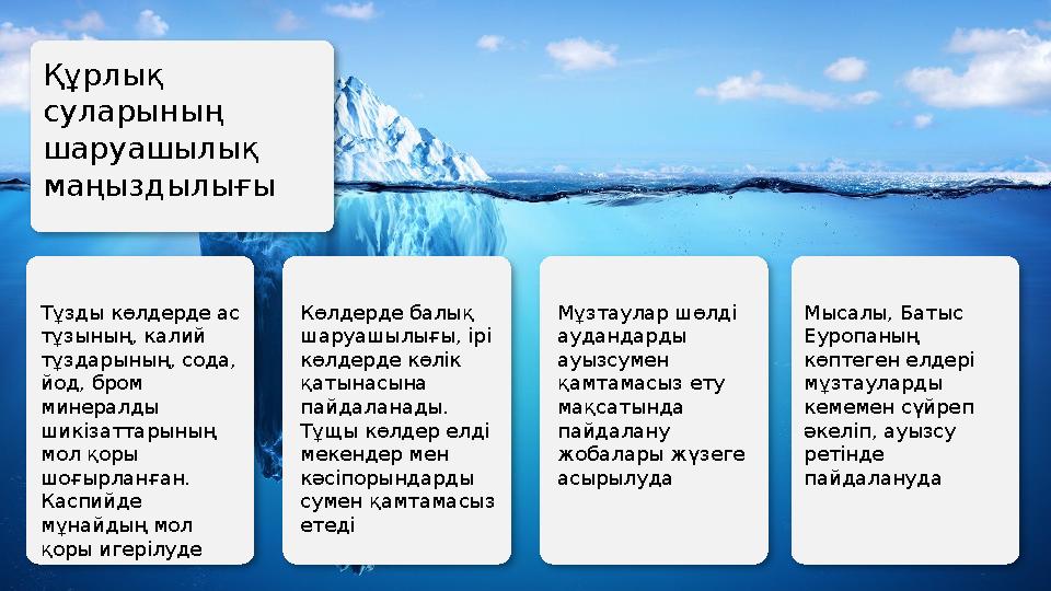 Тұзды көлдерде ас тұзының, калий тұздарының, сода, йод, бром минералды шикізаттарының мол қоры шоғырланған. Каспийде