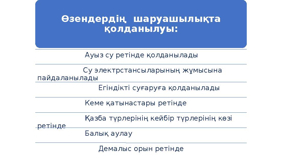 Өзендердің шаруашылықта қолданылуы: Ауыз су ретінде қолданылады Су электр