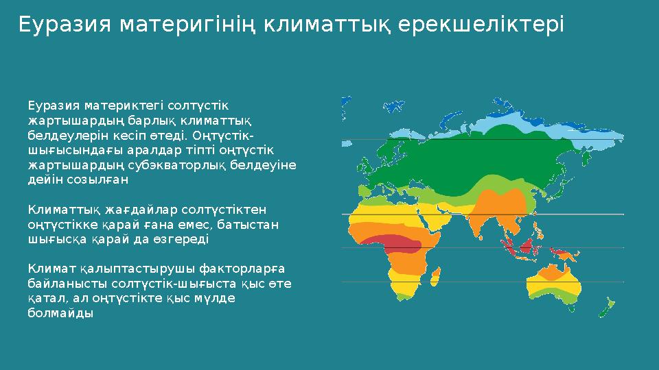 Еуразия материгінің климаттық ерекшеліктері Еуразия материктегі солтүстік жартышардың барлық климаттық белдеулерін кесіп өтеді