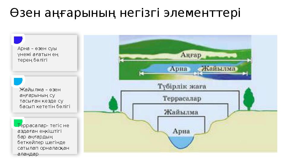 Өзен аңғарының негізгі элементтері Арна – өзен суы үнемі ағатын ең терең бөлігі Жайылма – өзен аңғарының су тасыған кезде