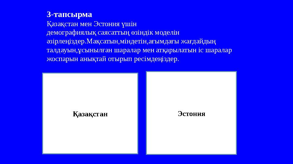 3-тапсырма Қазақстан мен Эстония үшін демографиялық саясаттың өзіндік моделін әзірлеңіздер.Мақсатын,міндетін,ағымдағы жағдайдың