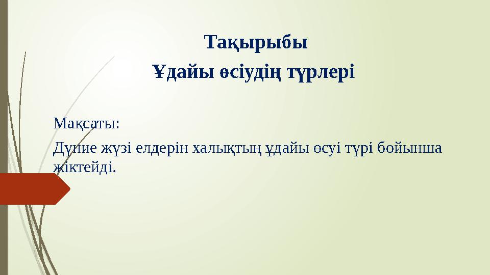 Тақырыбы Ұдайы өсіудің түрлері Мақсаты: Дүние жүзі елдерін халықтың ұдайы өсуі түрі бойынша жіктейді.