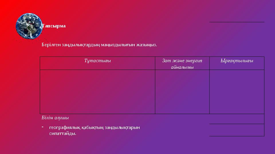 Тапсырма Берілген заңдылықтардың маңыздылығын жазыңыз. Тұтастығы Зат және энергия айналымы Ырғақтылығы