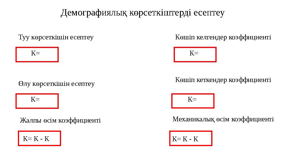 Демографиялық көрсеткіштерді есептеу Туу көрсеткішін есептеу Өлу көрсеткішін есептеу Жалпы өсім коэффициенті К= К= К= Көшіп