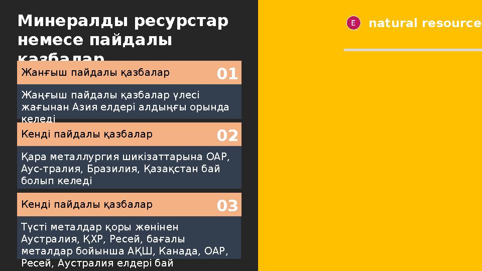 Минералды ресурстар немесе пайдалы қазбалар natural resources Жанғыш пайдалы қазбалар Жаңғыш пайдалы қазбалар үлесі жағынан А