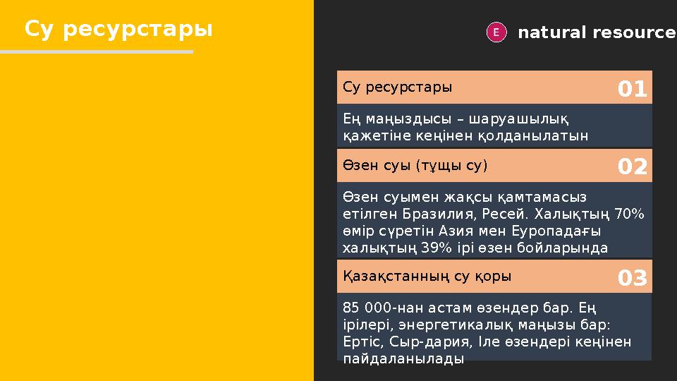 Су ресурстары natural resources Су ресурстары Ең маңыздысы – шаруашылық қажетіне кеңінен қолданылатын тұщы су ресурсы 01 Өзен