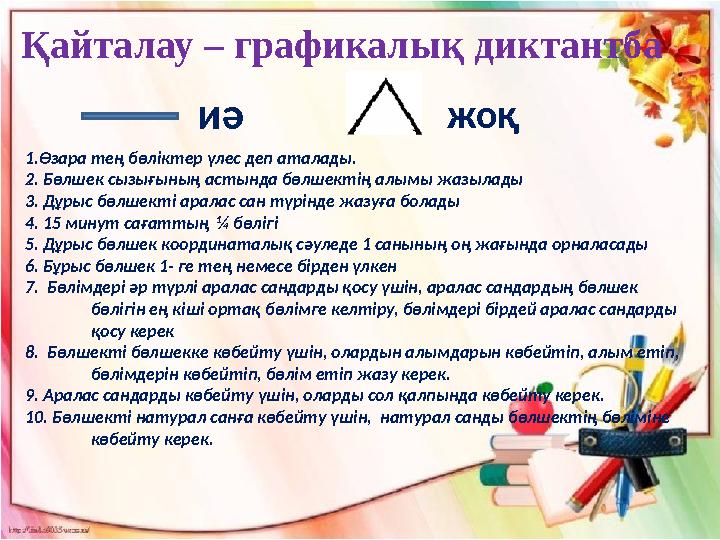Қайталау – графикалық диктантба иә жоқ 1.Өзара тең бөліктер үлес деп аталады. 2. Бөлшек сызығының астында бөлше