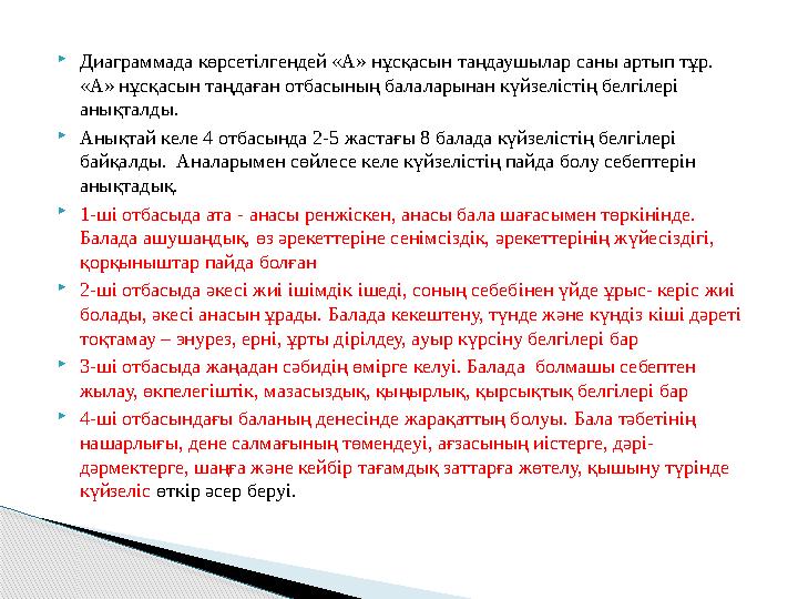 Диаграммада көрсетілгендей «А» нұсқасын таңдаушылар саны артып тұр. «А» нұсқасын таңдаған отбасының балаларынан күйзелісті